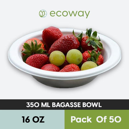 ecoway Compostable Heavy Duty Made Of Bagasse Cane Fibers - [12 Ounce - 350 Ml, Pack Of 50] Disposable Bowls Eco-Friendly Biodegradable Perfect For Salad, Soup, Dessert, Hot or Cold Use, White