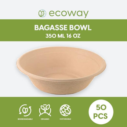 ecoway Compostable Heavy Duty Made Of Bagasse Cane Fibers - [12 Ounce - 350 Ml, Pack Of 50] Disposable Bowls Eco-Friendly Biodegradable Perfect For Salad, Soup, Dessert, Hot or Cold Use, White