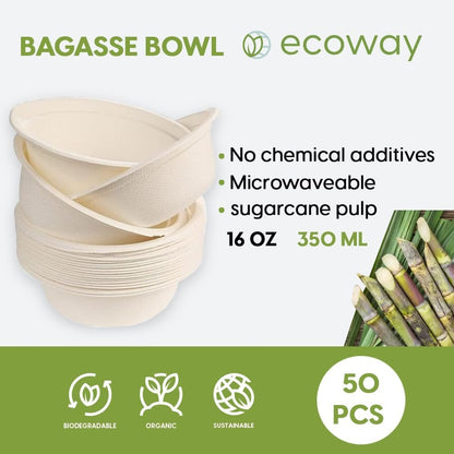 ecoway Compostable Heavy Duty Made Of Bagasse Cane Fibers - [12 Ounce - 350 Ml, Pack Of 50] Disposable Bowls Eco-Friendly Biodegradable Perfect For Salad, Soup, Dessert, Hot or Cold Use, White