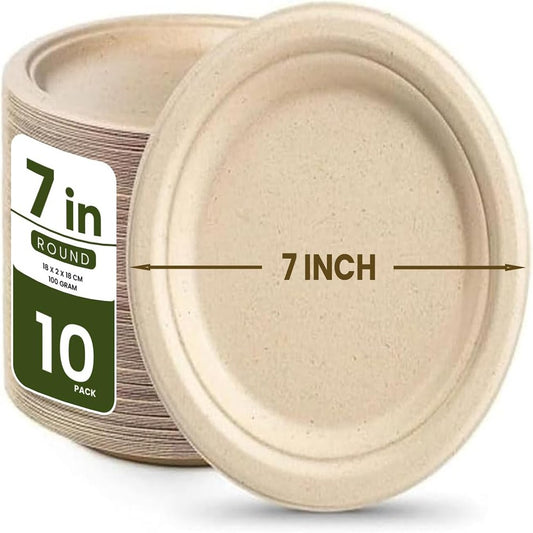 ecoway 7-Inch 100% Compostable Disposable Round Bagasse Paper Plates - Biodegradable Sugarcane Fiber - Strong Heavy Duty Rigid Design - Sustainable & Food-Grade - Natural Brown Color