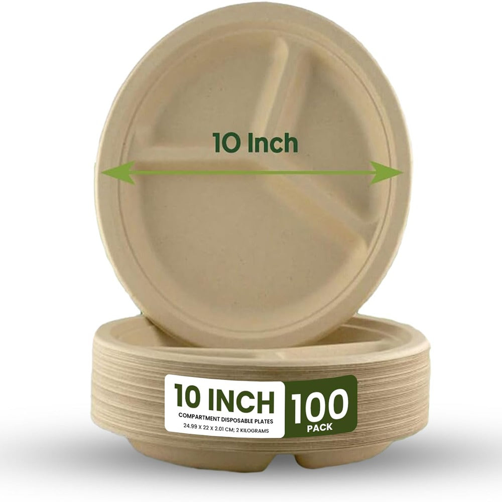 ecoway Compartment Disposable Plates 10Inch Heavy Duty Eco-Friendly 100% Natural Bagasse Fiber Biodegradable Compostable Sustainable Paper Alternative Plates [Pack on 100]