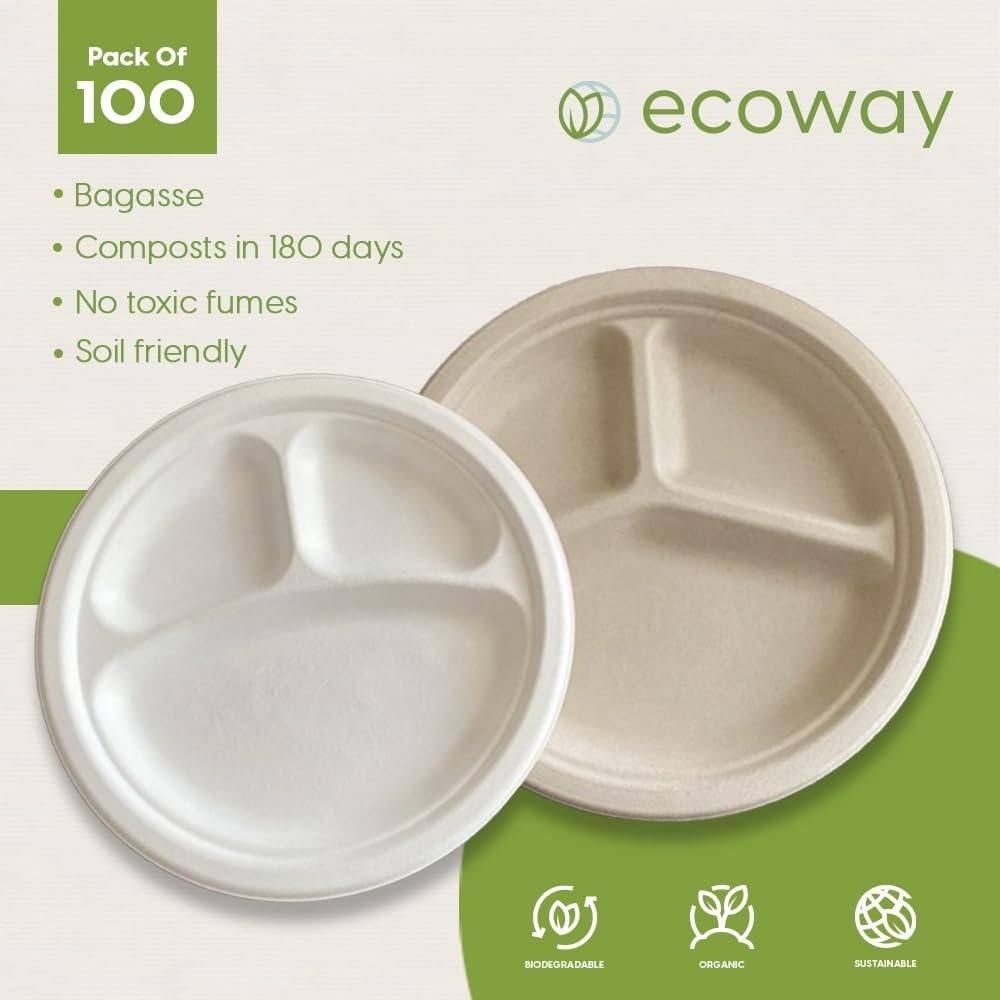 ecoway Compartment Disposable Plates 10Inch Heavy Duty Eco-Friendly 100% Natural Bagasse Fiber Biodegradable Compostable Sustainable Paper Alternative Plates [Pack on 100]