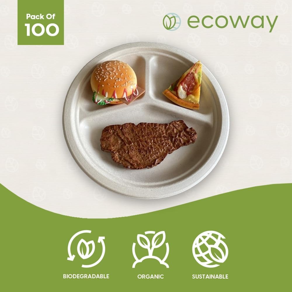 ecoway Compartment Disposable Plates 10Inch Heavy Duty Eco-Friendly 100% Natural Bagasse Fiber Biodegradable Compostable Sustainable Paper Alternative Plates [Pack on 100]