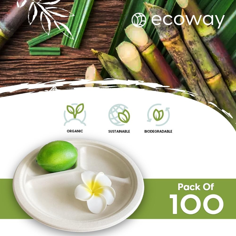 ecoway Compartment Disposable Plates 10Inch Heavy Duty Eco-Friendly 100% Natural Bagasse Fiber Biodegradable Compostable Sustainable Paper Alternative Plates [Pack on 100]