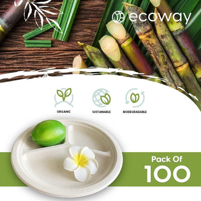 ecoway Compartment Disposable Plates 10Inch Heavy Duty Eco-Friendly 100% Natural Bagasse Fiber Biodegradable Compostable Sustainable Paper Alternative Plates [Pack on 100]