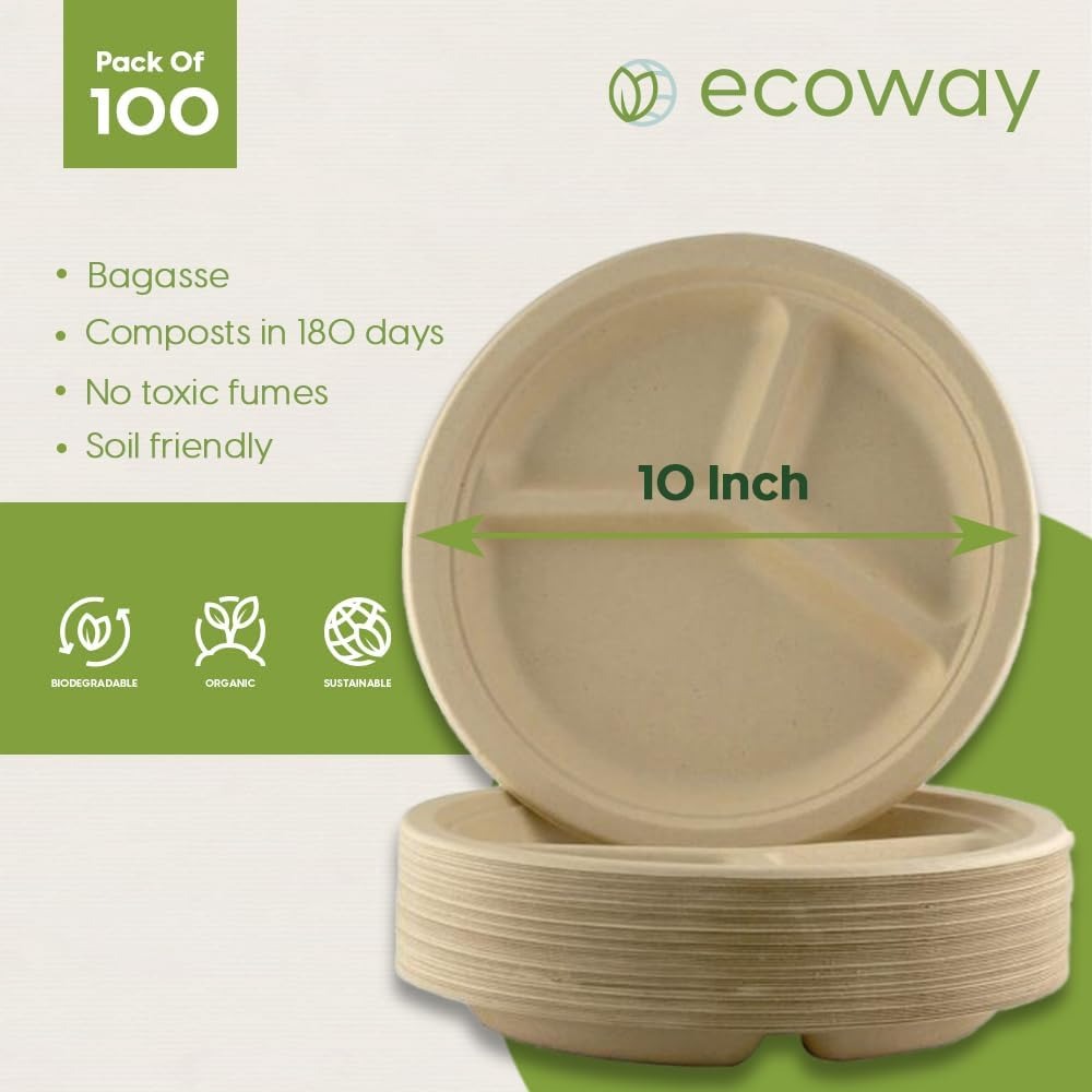 ecoway Compartment Disposable Plates 10Inch Heavy Duty Eco-Friendly 100% Natural Bagasse Fiber Biodegradable Compostable Sustainable Paper Alternative Plates [Pack on 100]