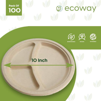 ecoway Compartment Disposable Plates 10Inch Heavy Duty Eco-Friendly 100% Natural Bagasse Fiber Biodegradable Compostable Sustainable Paper Alternative Plates [Pack on 100]