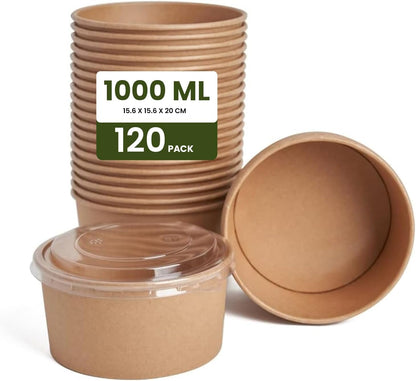 ecoway Compostable Heavy Duty Made Of Paper - [34 Ounce - 1000 Ml] Disposable Bowls Eco-Friendly Biodegradable Perfect For Salad, Soup, Dessert, Hot or Cold Use, Brown