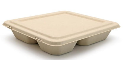 BAGASSE,4 COMPARTMENT FOOD TRAY WITH LID- PACK OF 200 PCS