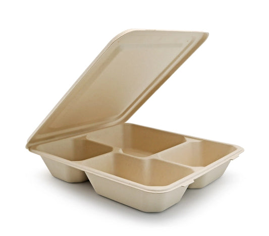 BAGASSE,4 COMPARTMENT FOOD TRAY WITH LID- PACK OF 200 PCS