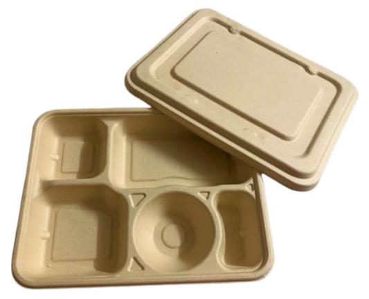 BAGASSE 5 COMPARTMENT MEAL BOX WITH LID- PACK OF 200 PCS