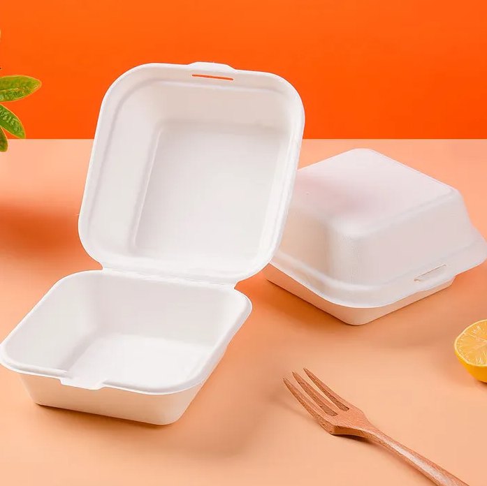 6 INCH-BAGASSE CLAMSHELL BURGER BOX-WHITE