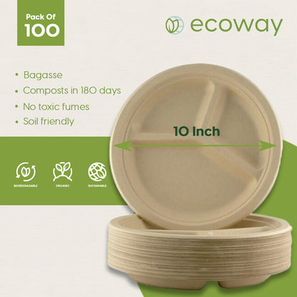 BAGASSE ROUND PLATE 10 INCH 3 COMPARTMENT